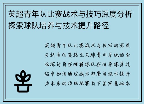 英超青年队比赛战术与技巧深度分析探索球队培养与技术提升路径 英超青年队比赛战术与技巧深度分析探索球队培养与技术提升路径